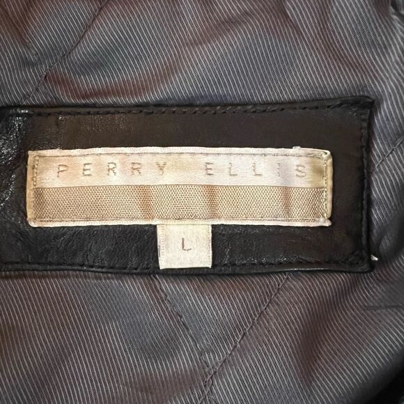 Perry Ellis Black Leather Jacket with Quilted Lining Men’s Large - Picture 3 of 11